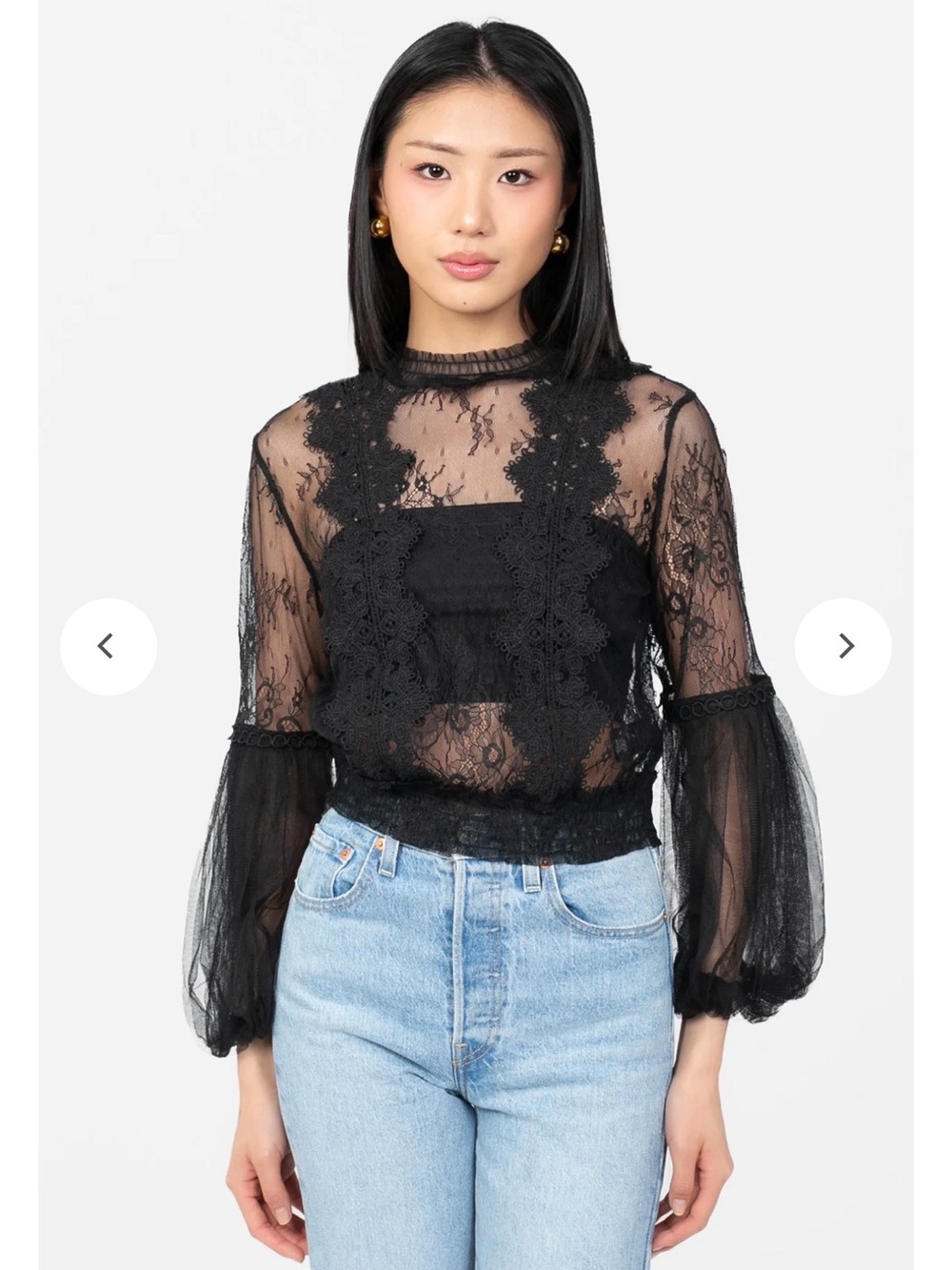 Black Sheer Lace Blouse with Puff Sleeves